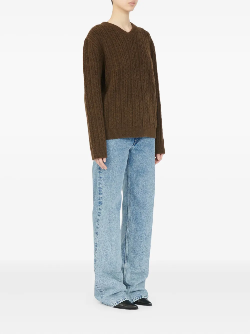 Свитер в рубчик с V-образным вырезом MM6 Maison Margiela, коричневый — фото 3