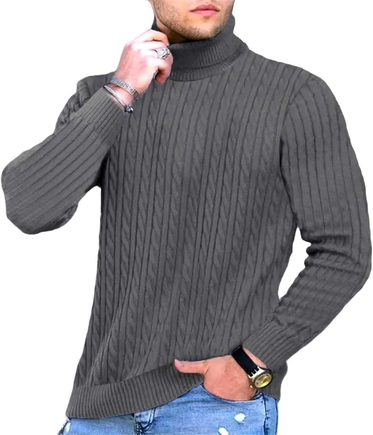 

Мужской свитер с высоким воротником, Slim Fit, теплый, однотонный Adhdyuud