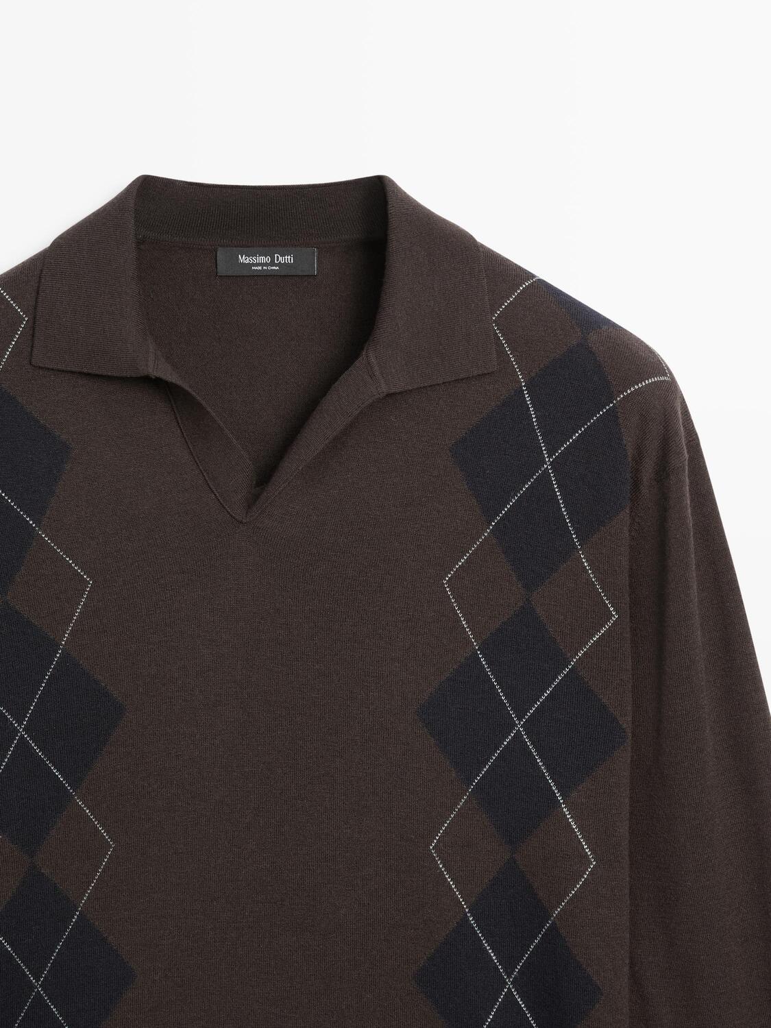 Вязаный свитер-поло из смесовой шерсти с узором аргайл Massimo Dutti, brown — фото 4