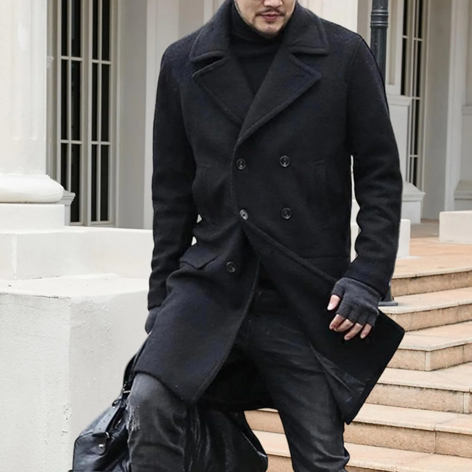 Пальто pea coat мужское приталенное двубортное длинное классическое зимнее пальто Generic, черный — фото 3
