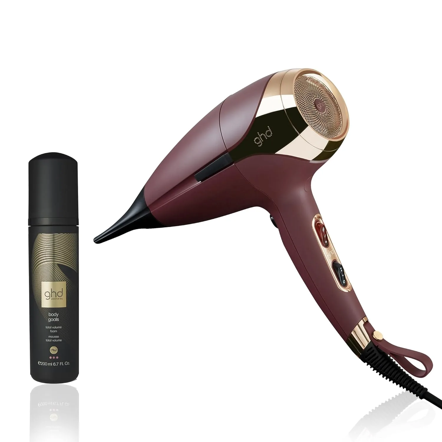 Набор ghd Helios Essentials Duo - фен Helios мощностью 1875 Вт (сливовый) и термозащитное средство для придания объема волосам Body Goals (190 мл)