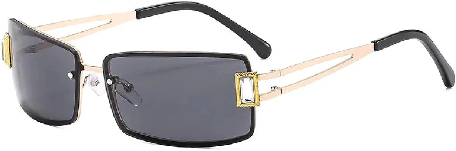 

Модные солнцезащитные очки в маленькой безободковой оправе с драгоценными камнями, металлические, женские, с защитой от УФ-излучения UV400 TKKTLLT, Gold Gray