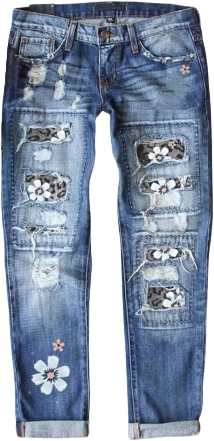

Джинсы для женщин с цветочными аппликациями, рваные, скинни