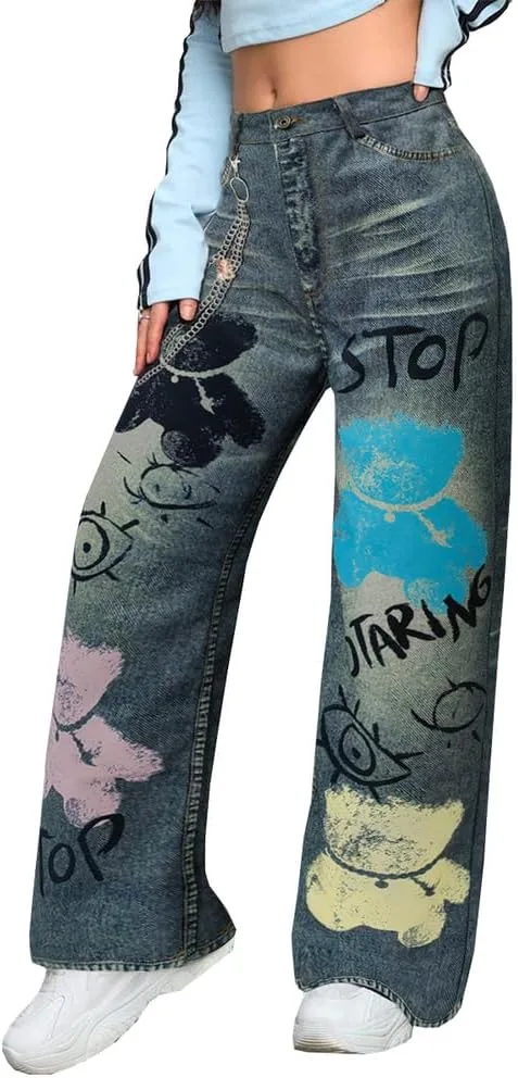 

Женские джинсы с высокой талией и широкими штанинами в винтажном стиле с принтом graffiti TACSTRUN