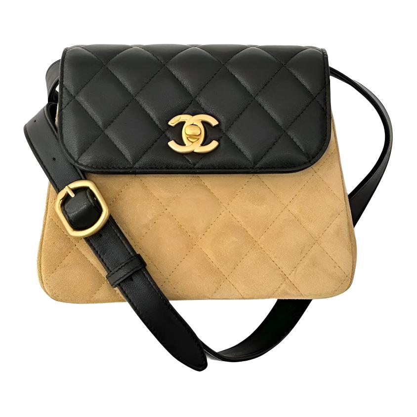 

CHANEL Замшевая с кожаной ручкой сумка через плечо для женщин coffee & black