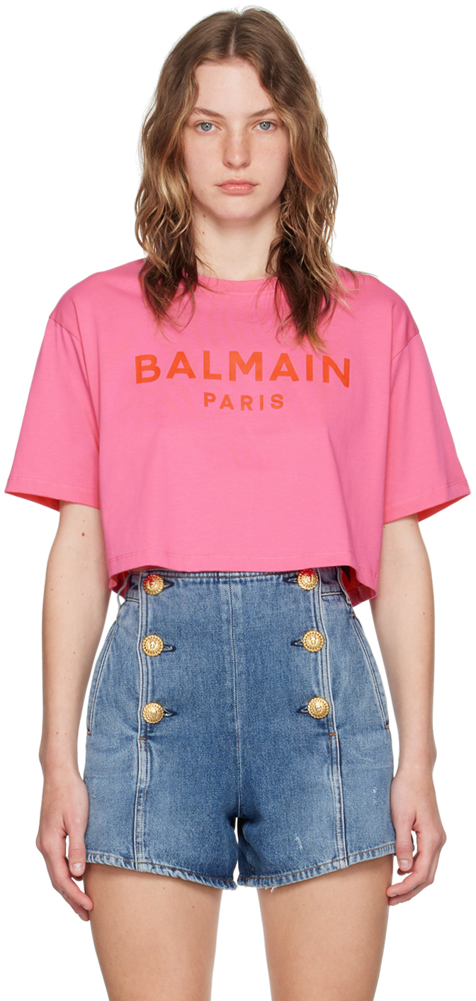 

Розовая укороченная футболка «Париж» Balmain