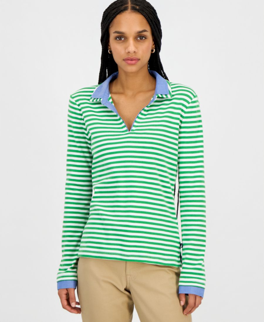 

Женская полосатая хлопковая рубашка с двойным воротником и длинными рукавами Nautica Jeans, New Leaf Multi