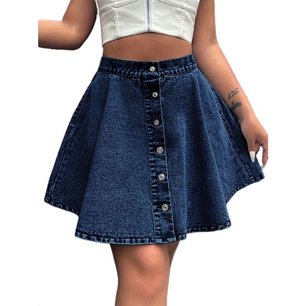 

Женская джинсовая юбка с высокой талией, пуговицами и плиссированной оборкой Yesfashion, Dark Blue