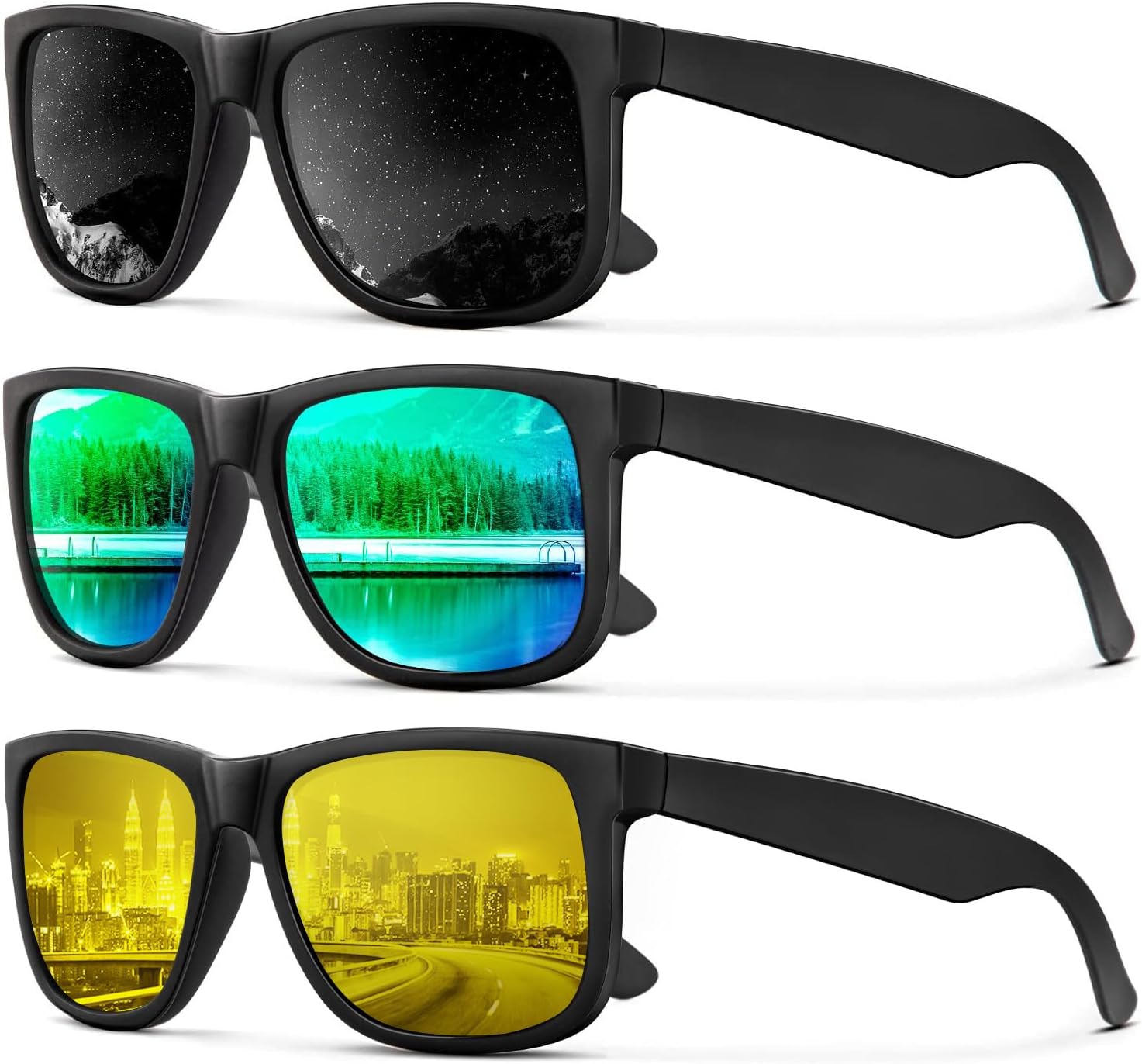 

Солнцезащитные очки KALIYADI для мужчин и женщин, поляризованные, классическая матовая черная оправа, защита от УФ-излучения, комплект из 3 штук, (3 Pack) Black/Green/Night Vision