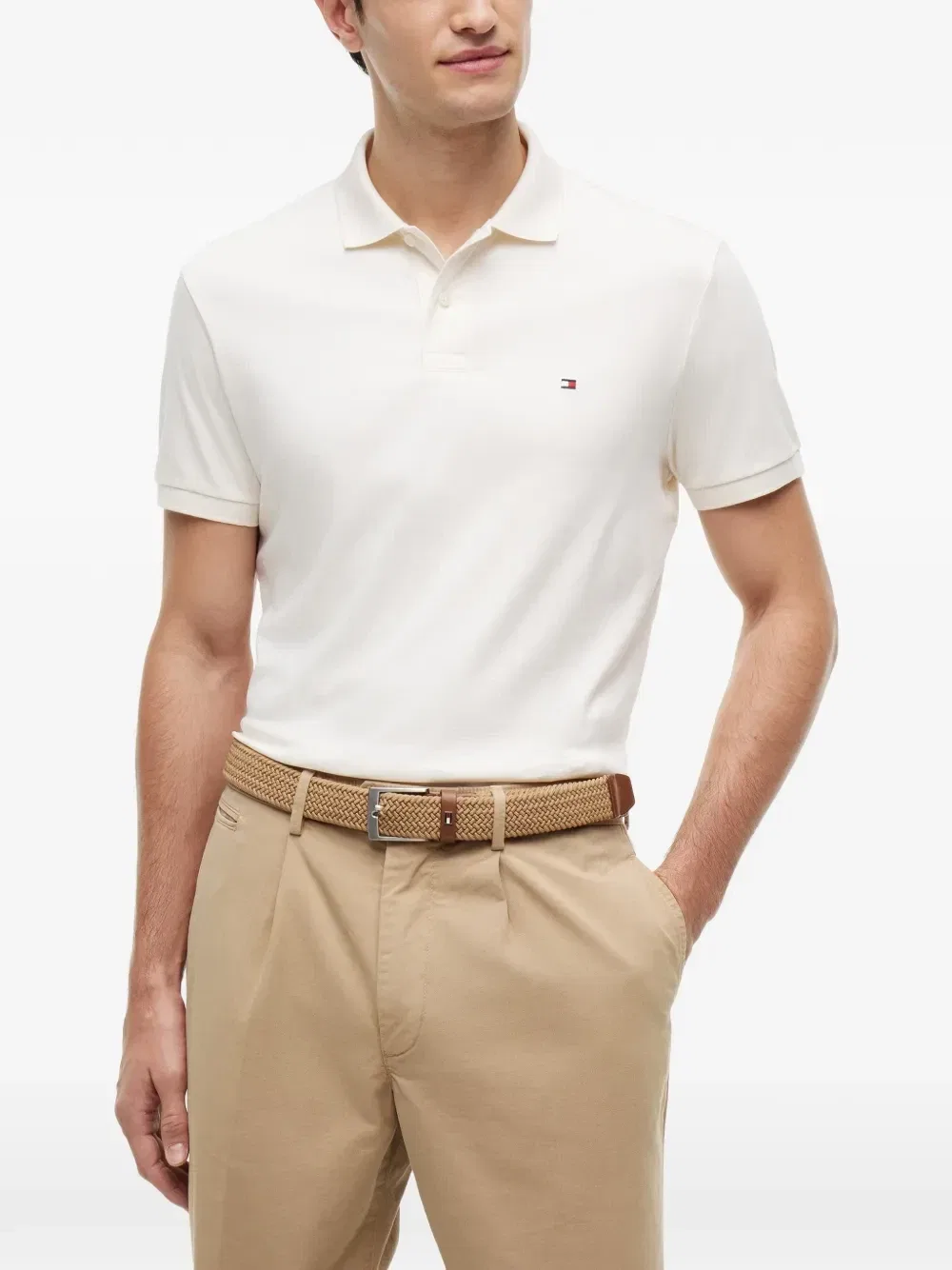 Рубашка-поло с короткими рукавами и вышитым логотипом Tommy Hilfiger, бежевый — фото 3