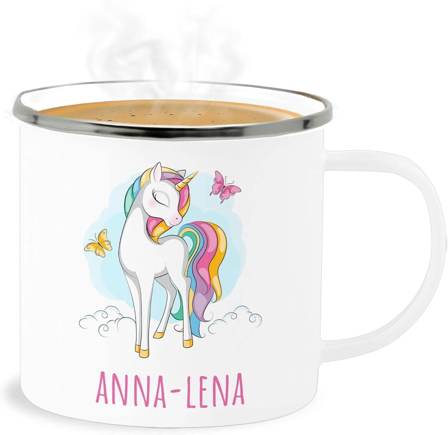 Кружка эмалированная с именем - Unicorn - 300 мл - White Silver Geschenk mit Namen personalisiert by Shirtracer