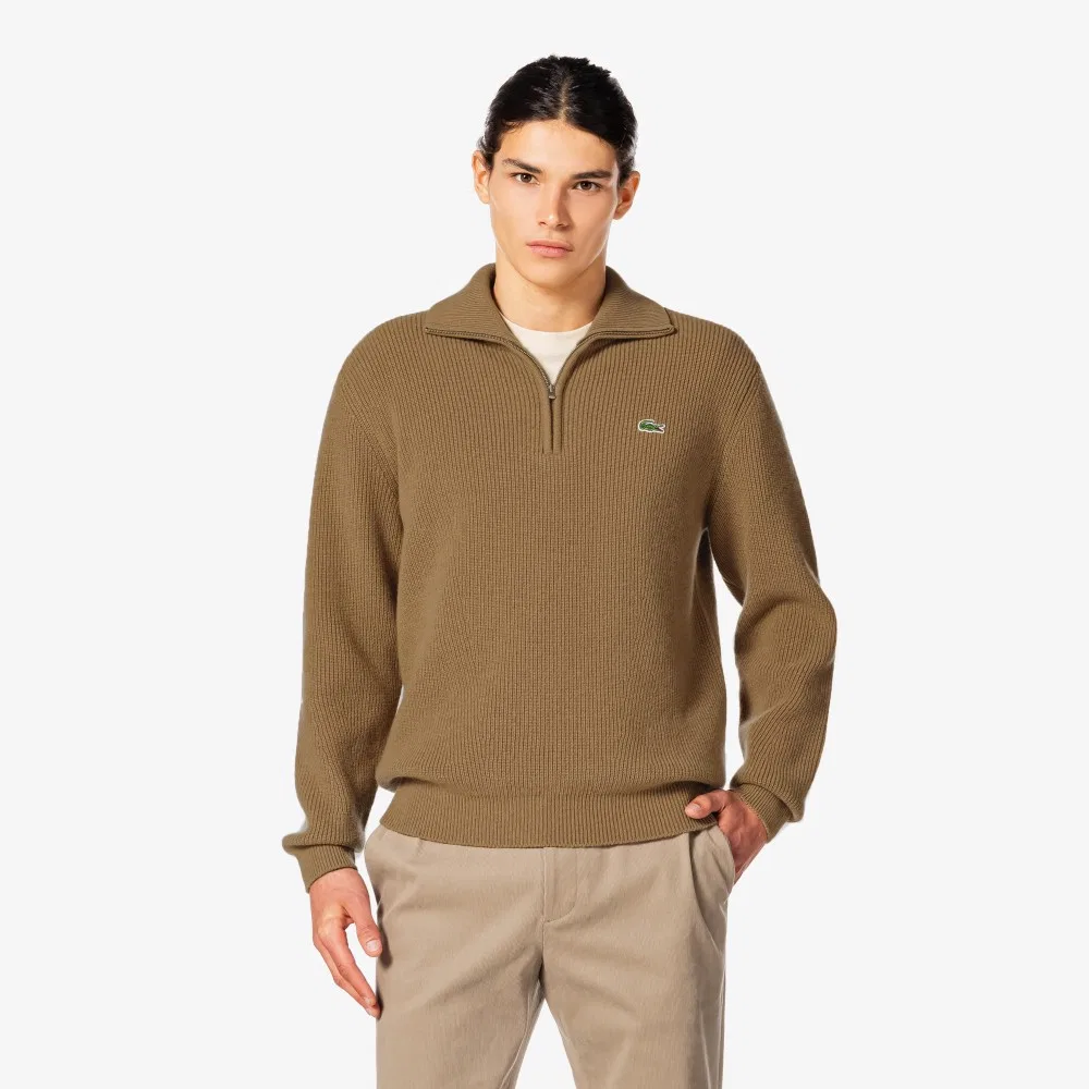 Мужской пуловер на молнии в рубчик из шерсти светло-коричневый от Lacoste