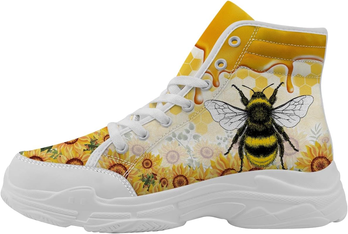 

Высокие кеды Bee для женщин и мужчин, на шнуровке, из холщовой ткани, теннисные туфли, подарок для нее и для него Quorax, белый/черный/желтый