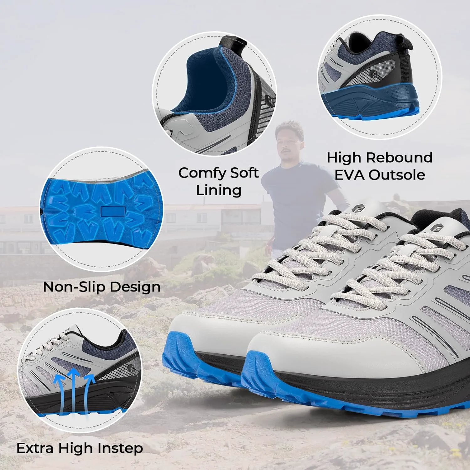 Кроссовки FitVille Extra Wide для мужчин с широкой носочной частью, легкие кроссовки для трейл-раннинга для мужчин с диабетом, плоскостопием, болями в пятке и для облегчения плантарного фасциита, светло-серый — фото 3