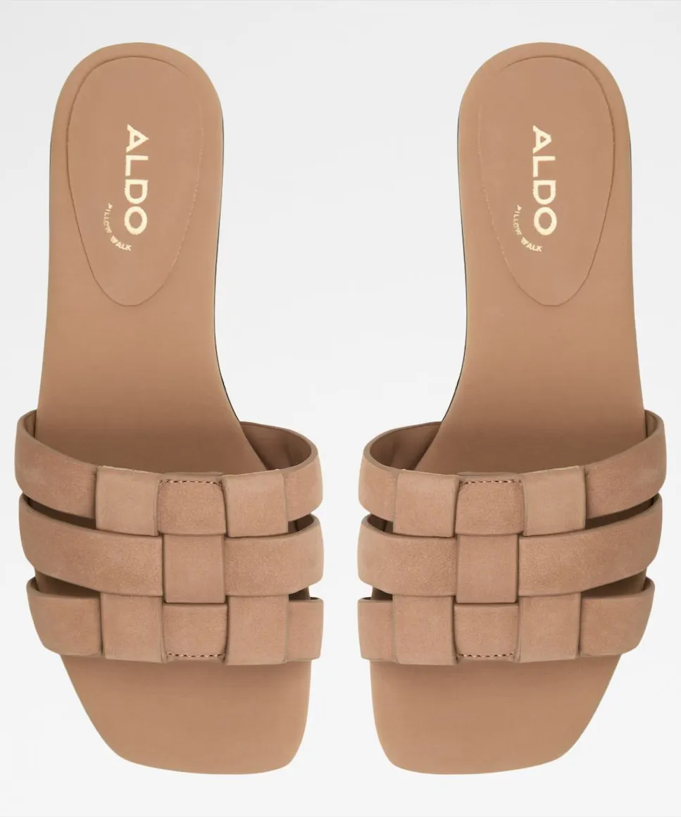 Женские кожаные сандалии на плоской подошве с квадратным носком Aldo, бежевый — фото 3