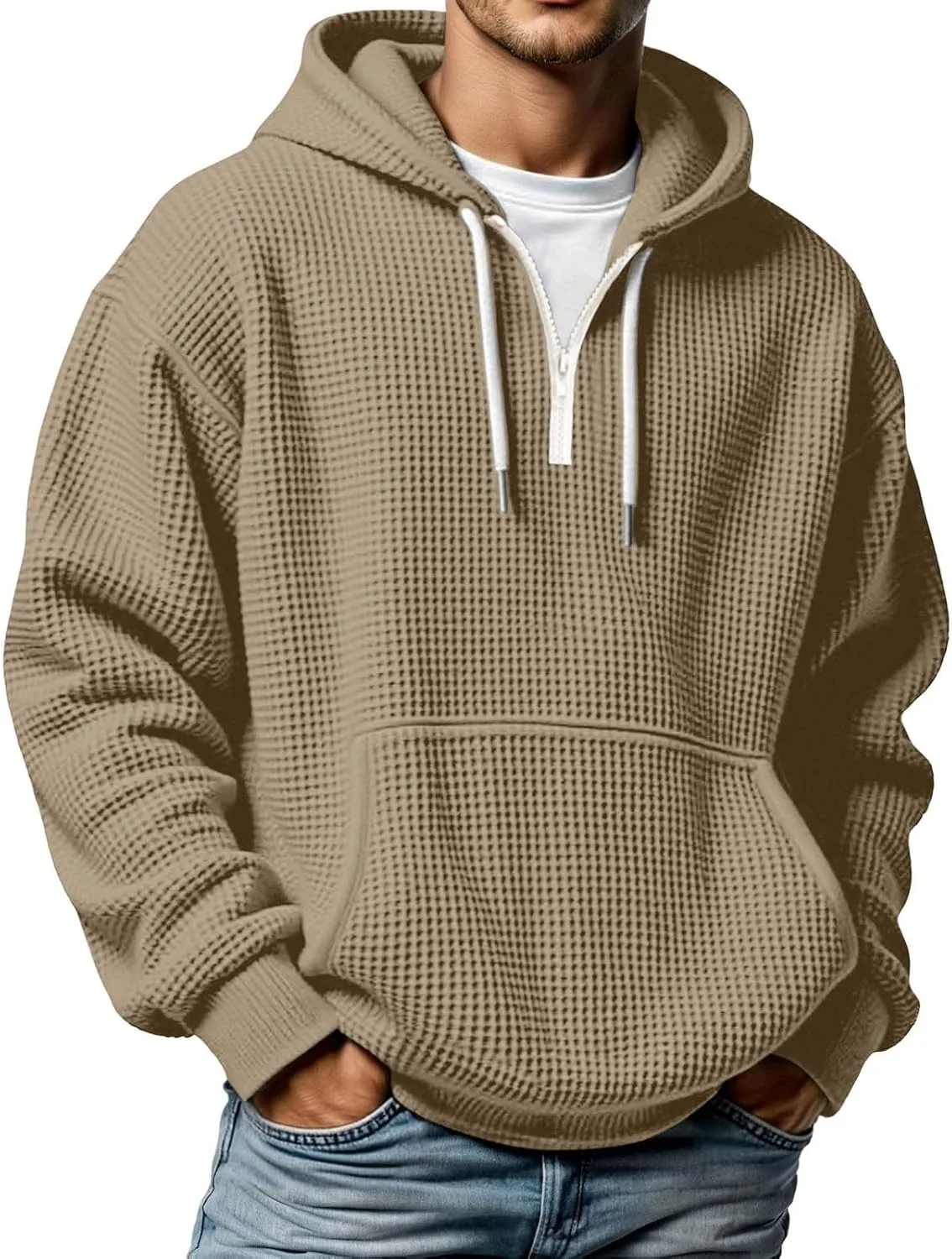 

Мужской худи-пуловер с четвертью молнии, вафельной вязкой и карманом