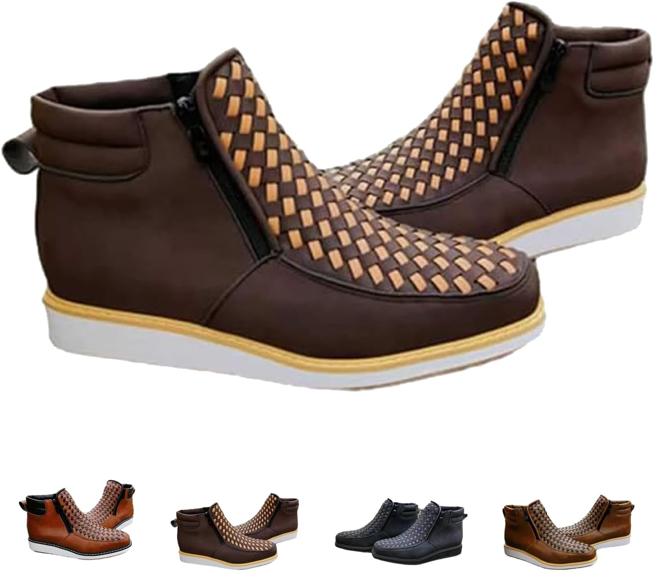 

Мужские ковбойские сапоги ручной работы в стиле вестерн, с квадратным носком, из кожи, сплетенной вручную, с двойной боковой молнией Generic, Coffee