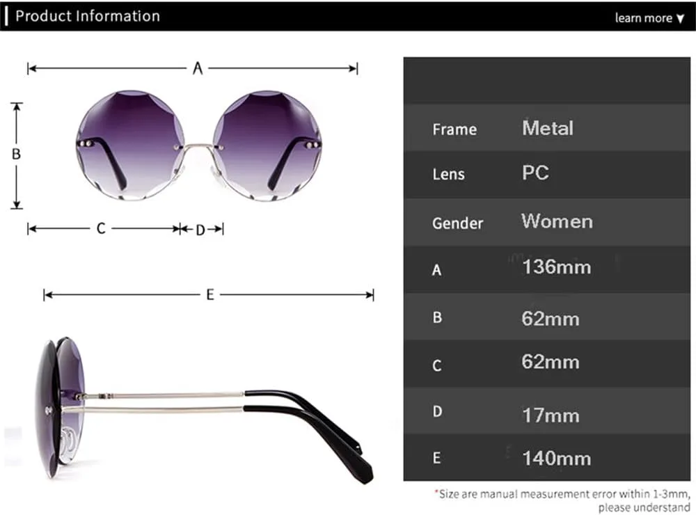 

Круглые солнцезащитные очки без оправы для женщин в стиле ретро с металлической оправой и кристальными вставками, прозрачные, большие по размеру VFDHN, C1