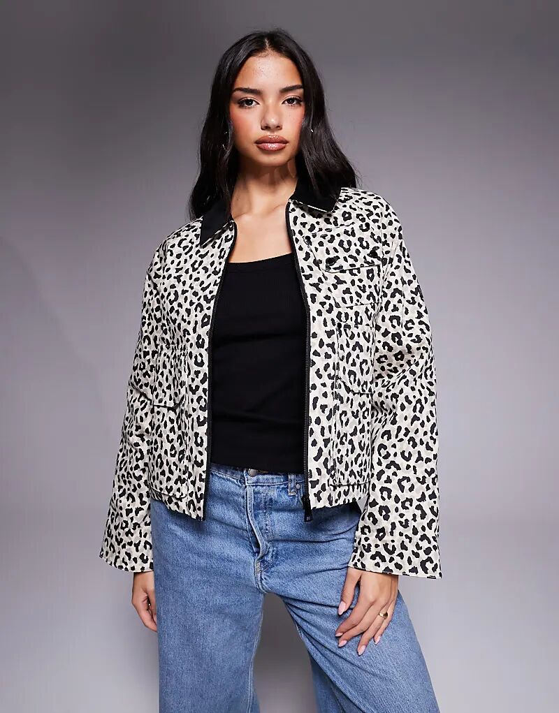 

Куртка Barbour International с леопардовым принтом на молнии и контрастным воротником из шнура бежевого цвета