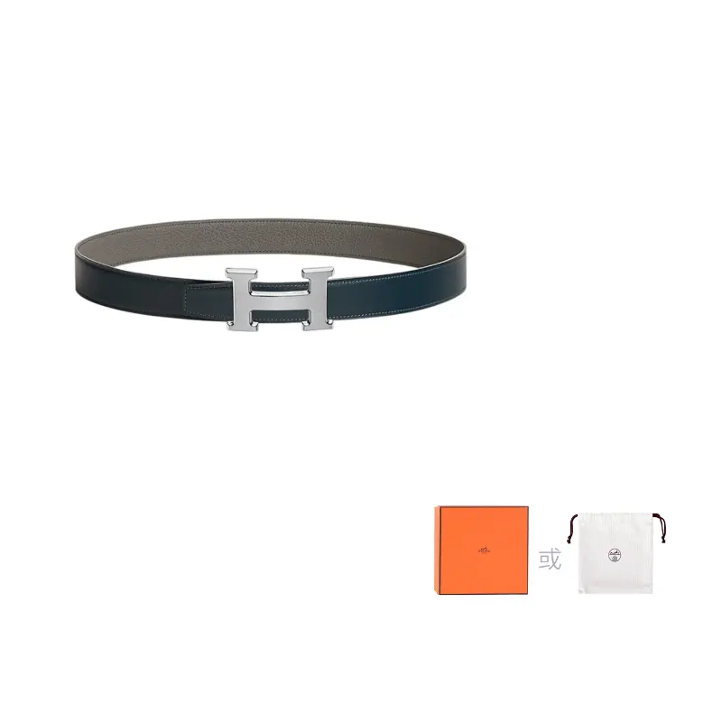 

HERMES Мужской ремень из телячьей кожи морской синий и ящеричный серый шириной 3,2 см, Marine Blue/Lizard Gray