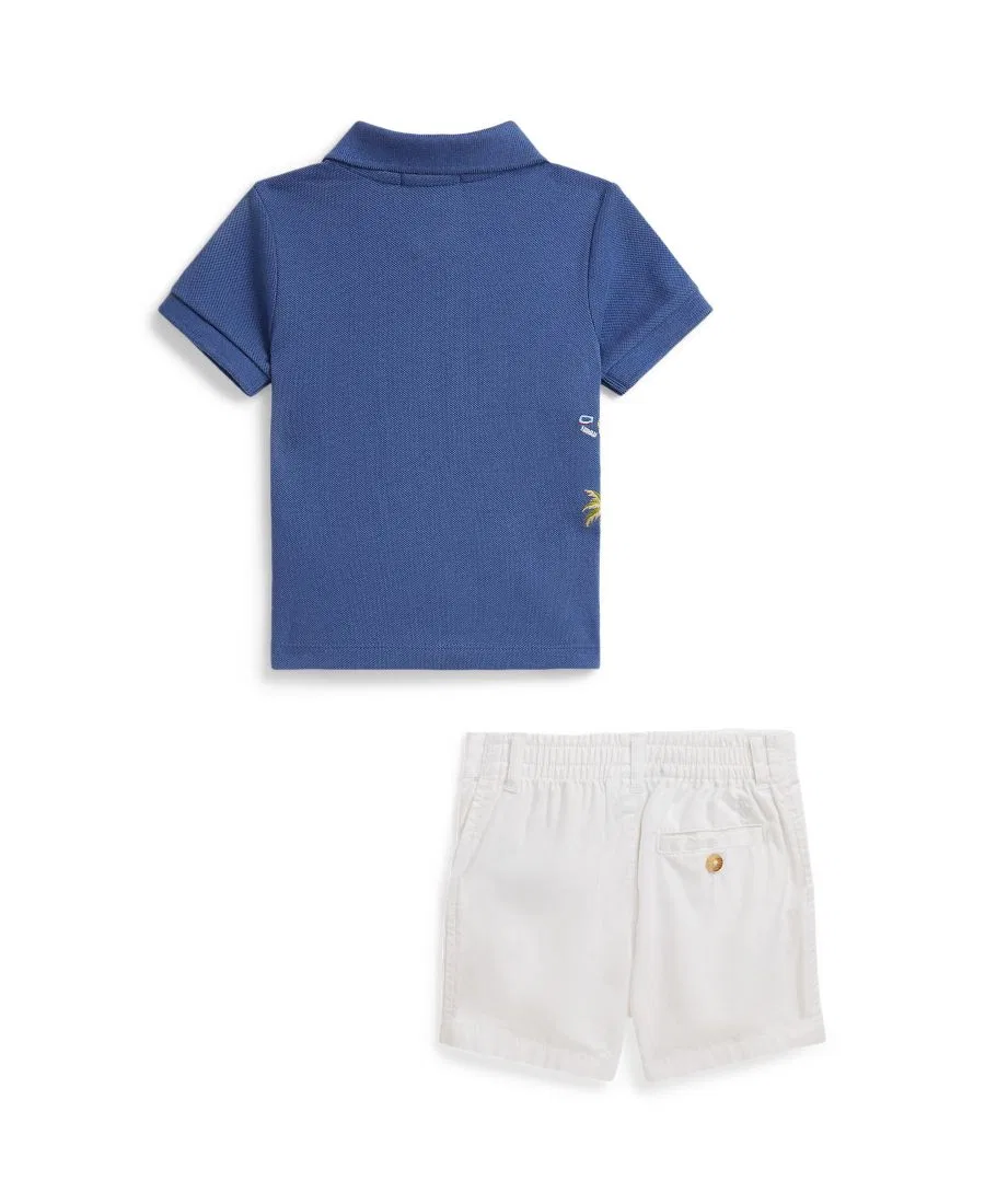 Детский комплект для мальчика: поло из вышитой сетчатой ткани и шорты Polo Ralph Lauren, синий/белый — фото 2
