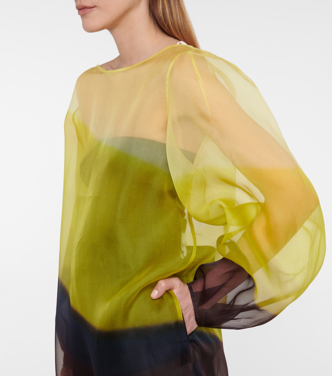 Платье миди из шелковой органзы в полоску Dries Van Noten, желтый — фото 4