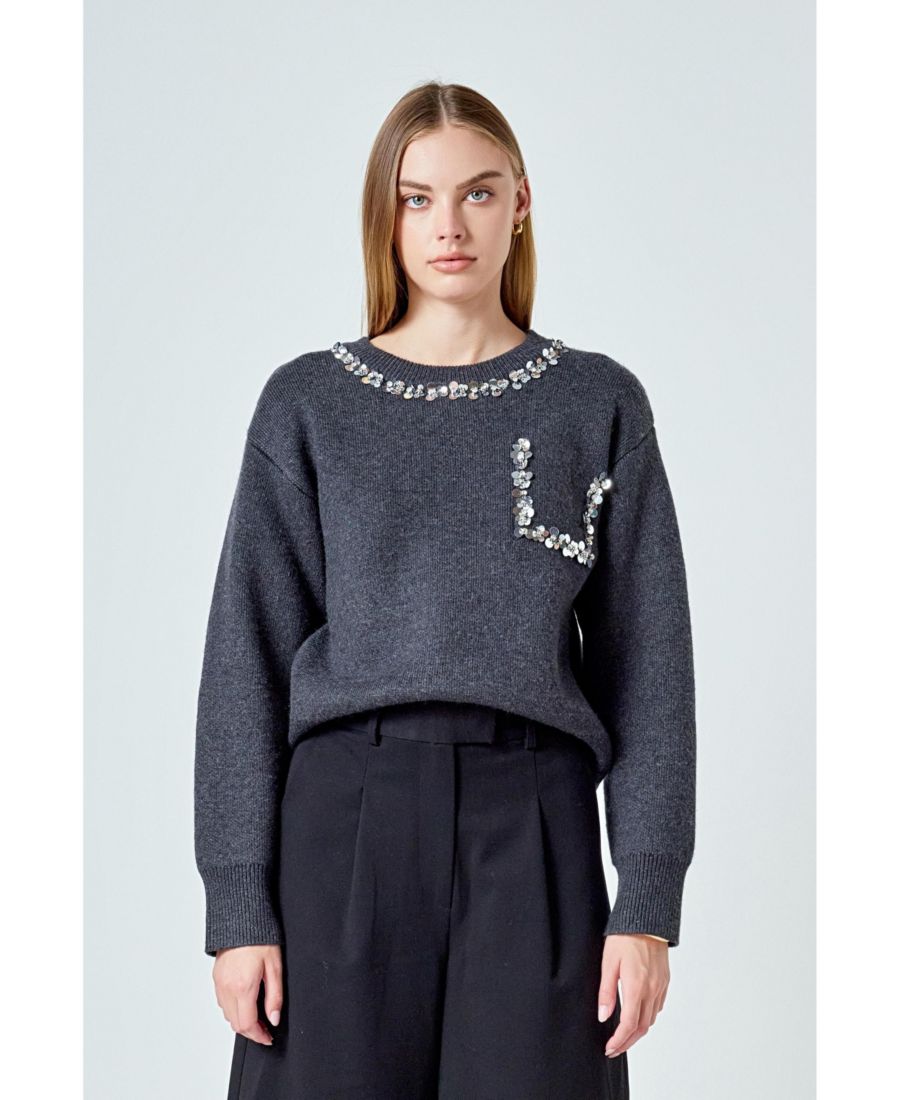 

Женский свободный свитер с отделкой драгоценными камнями endless rose, Charcoal