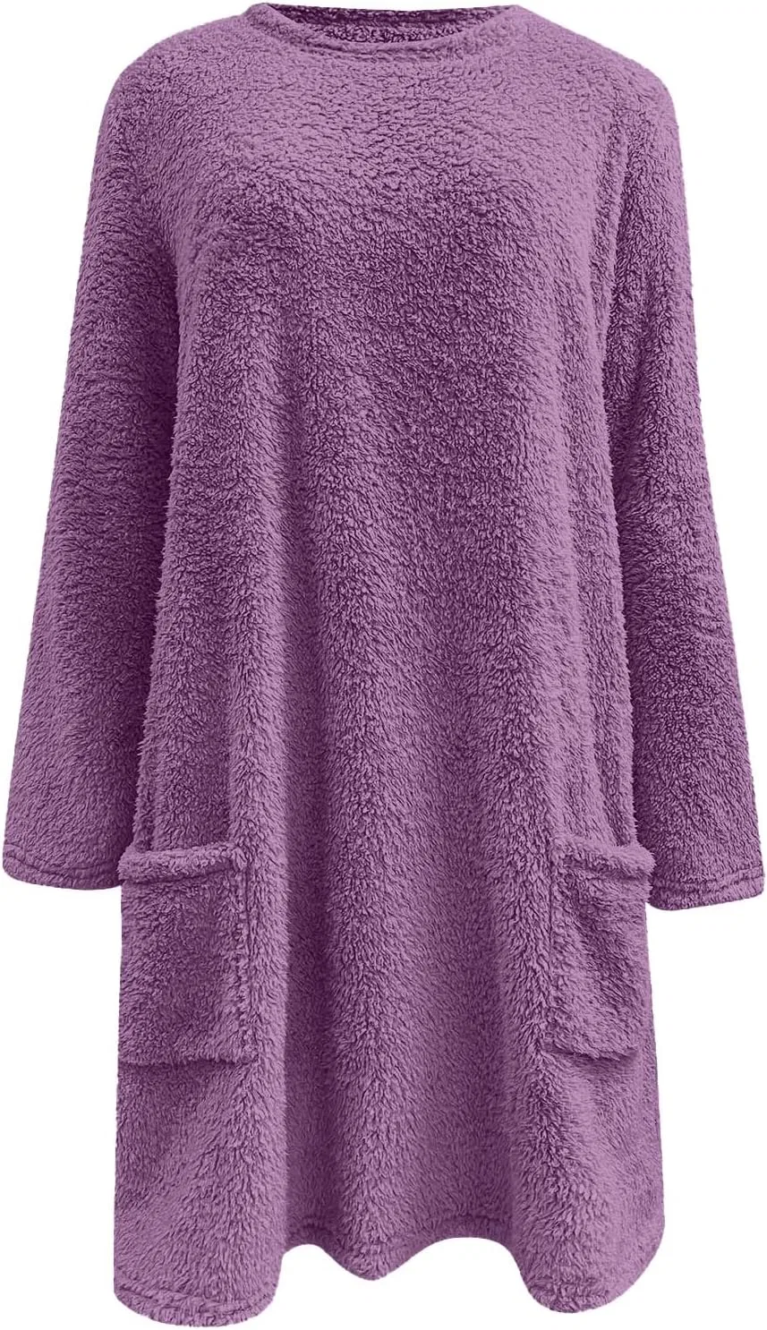 Generic Осенние свитера для женщин 2024: длинный пушистый флисовый пуловер, модная повседневная толстовка с круглым вырезом, пушистое пальто с карманами, 04-Purple — фото 3
