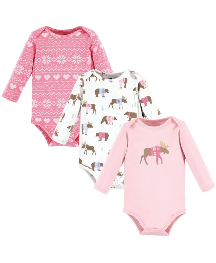 Комплект из 3 хлопковых боди с длинными рукавами Hudson Baby, розовый moose bear