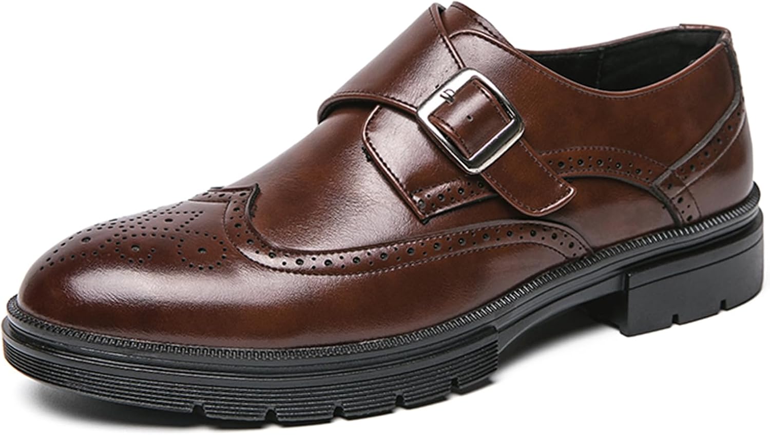 

Мужские кожаные туфли с одной пряжкой, оксфорды с крыльями, платформой, круглым носком, без шнуровки, низкие броги, повседневные и деловые лоферы Ptnoka, коричневый