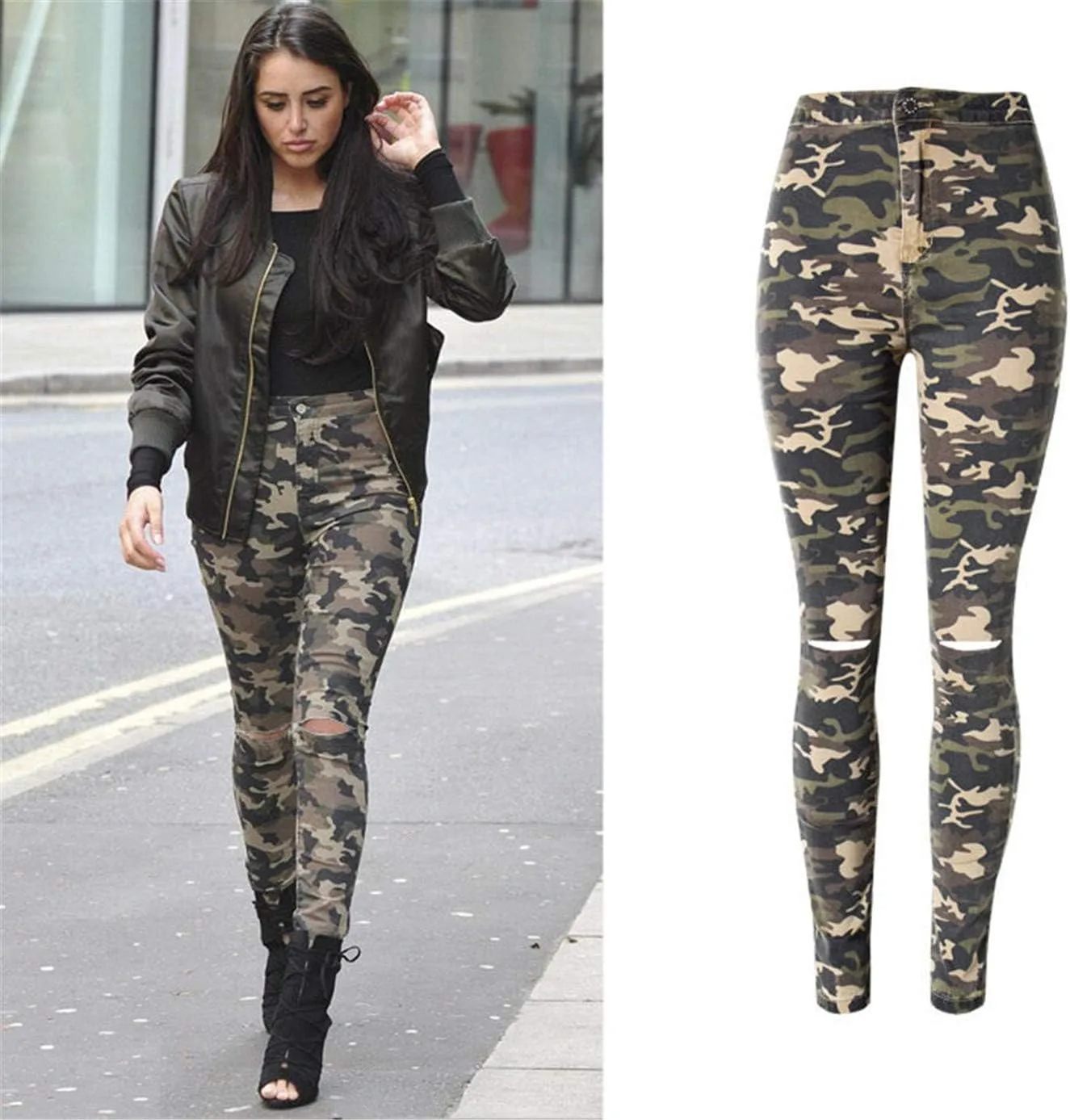 Женские камуфляжные рваные джинсы Camo High Waist Stretch Destroyed Skinny Pants — фото 4