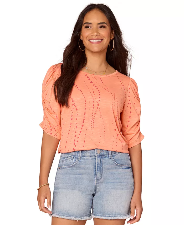 

Укороченный топ с принтом, сборчатыми рукавами и круглым вырезом Petite Printed Ruched-Sleeve Scoop-Neck Top Democracy, оранжевый