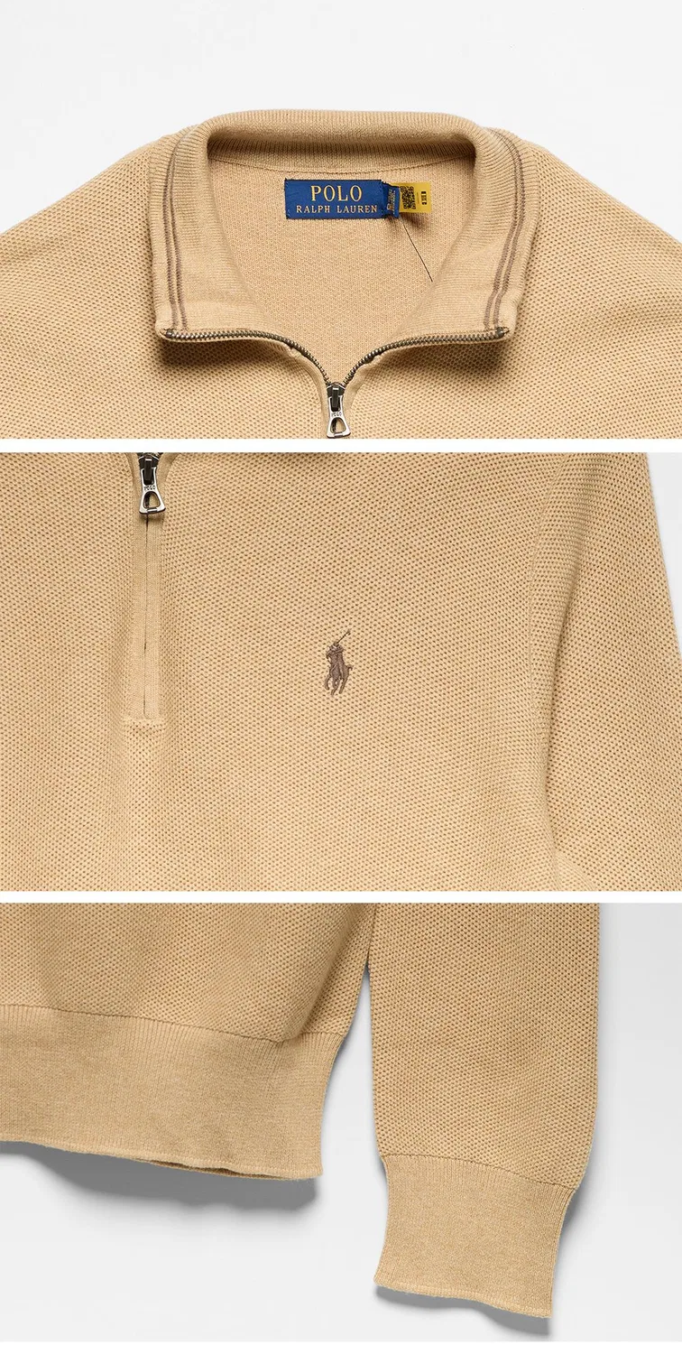 Мужской сетчатый хлопковый свитер на молнии коричневый от Polo Ralph Lauren — фото 4