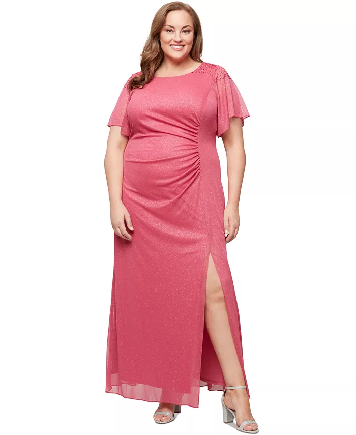

Платье с расклешенными рукавами и боковыми сборками с пайетками Plus Size SL Fashions, розовый