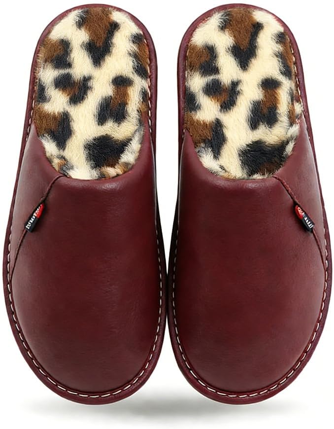 

Кожаные тапочки с стильной леопардовой подкладкой, водонепроницаемым верхом и противоскользящей подошвой, уютные домашние тапочки для мужчин и женщин Pxpuiq, бордовый