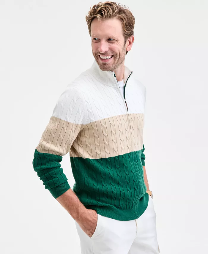 

Мужской свитер с цветными блоками и косой вязкой на молнии Club Room, зеленый