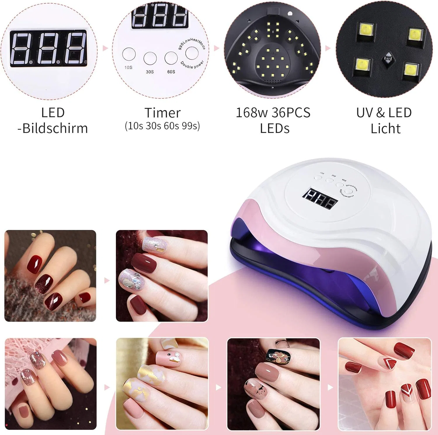 UV LED лампа для сушки ногтей Aokyom 168 Вт с таймером и дисплеем Aokyom, Nail Lamp White — фото 3