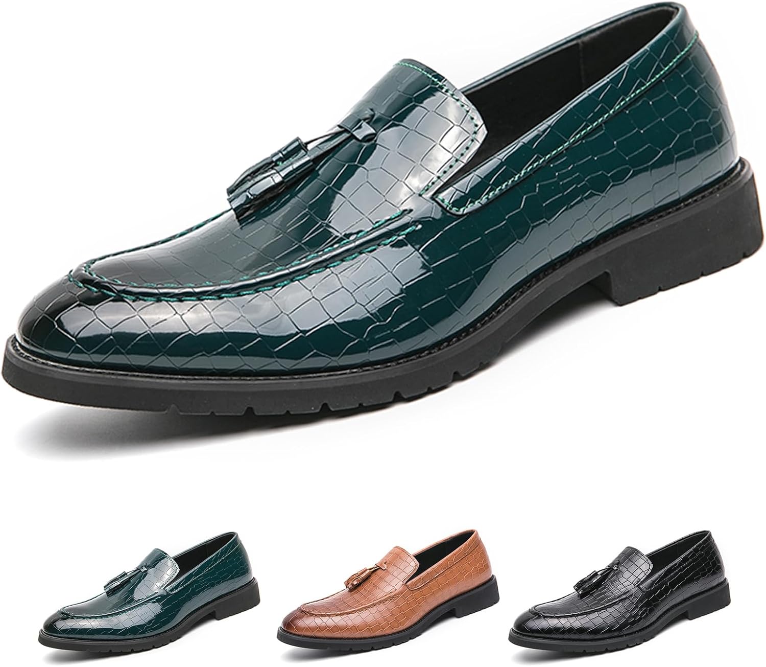 

Мужские модные лоферы с принтом под крокодиловую кожу, кисточками, острым носком, без шнурков, низкие кожаные лоферы, деловые, свадебные, вечерние туфли, оксфорды Optigard, зеленый