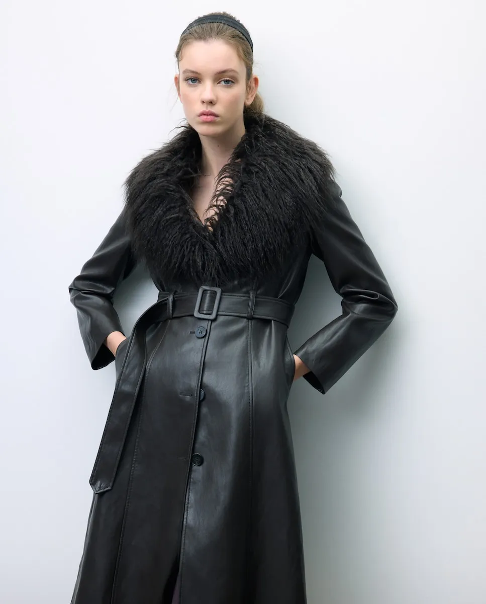 

Женский кожаный тренч с меховым воротником Tintoretto, коричневый