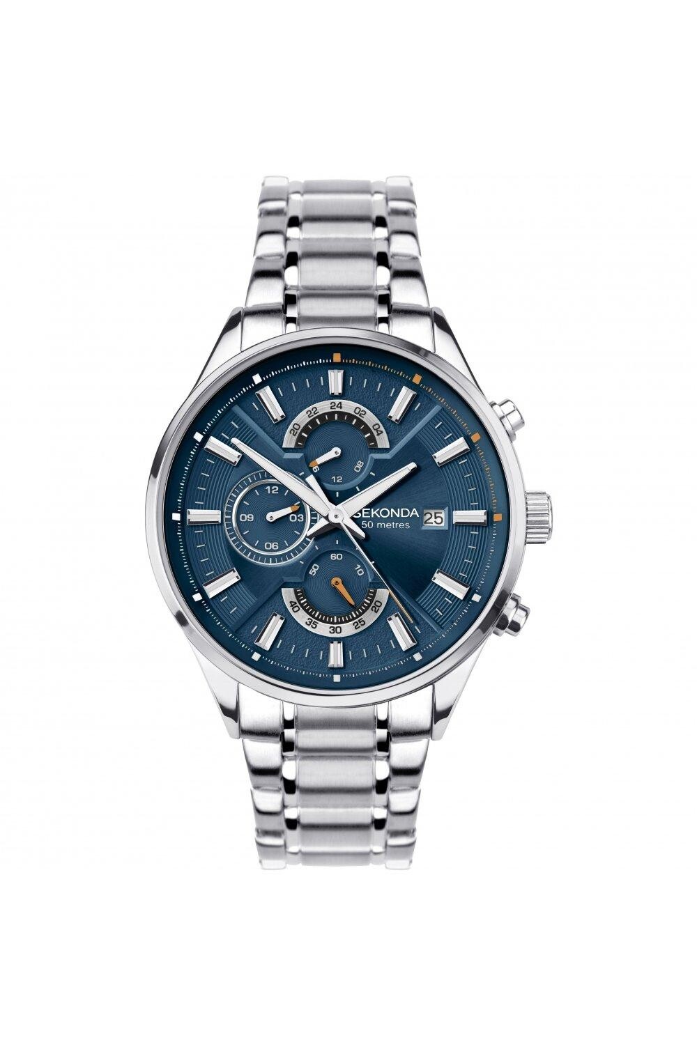 

Серебряные часы Speed ​​44 мм, круглый корпус, синий циферблат Sekonda, синий