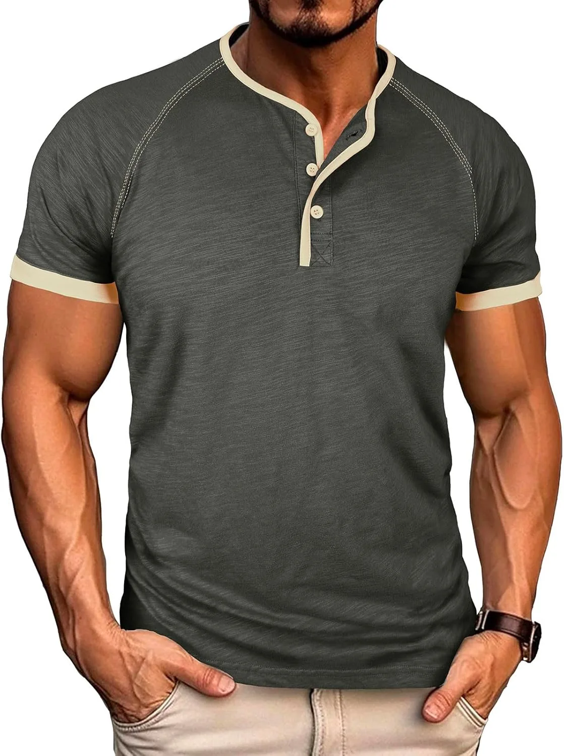 

Мужская футболка хенли с коротким рукавом, вязаная, из хлопка, легкая, цветной блок