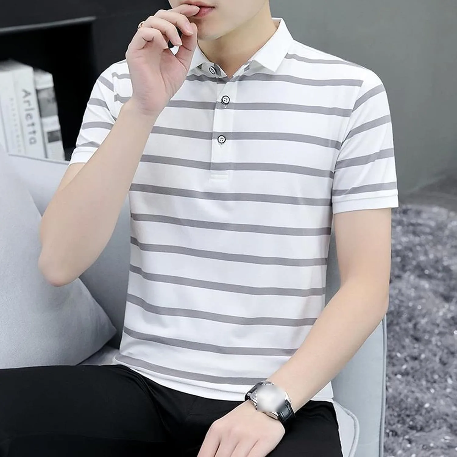 Футболка Slim-Fit с коротким рукавом в полоску — фото 4
