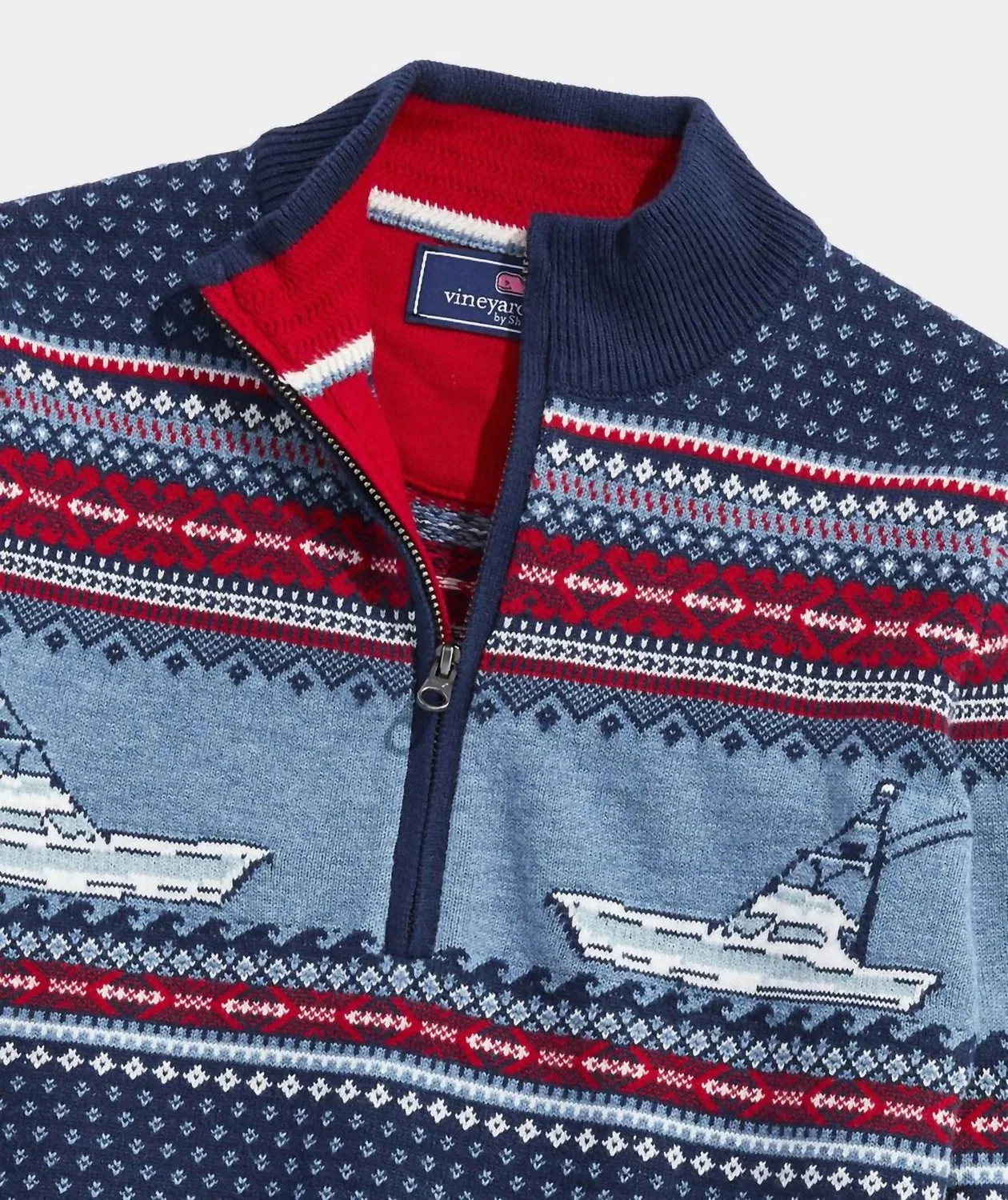 Vineyard Vines Детский пуловер Fair Isle с застежкой-молнией на четверть длины, морской темно-синий — фото 3