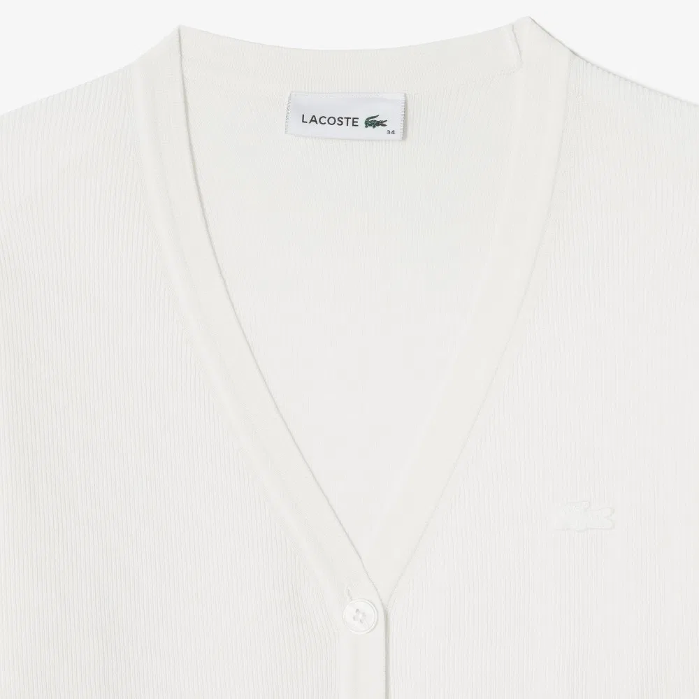 Женский летний кардиган Lacoste, V-образный вырез, цвет офвайт — фото 2