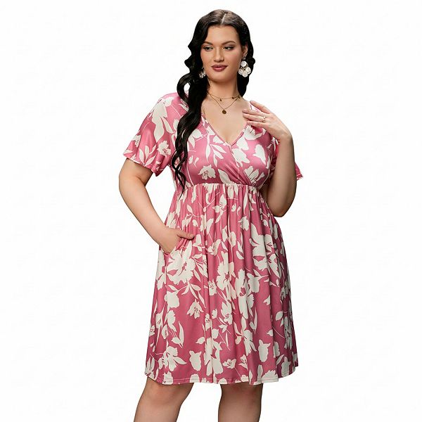 

Женское платье plus size с v-образным вырезом, цветочным принтом и карманом Seoria, Pink Big Flower