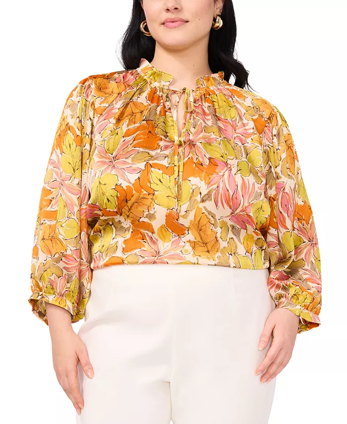 

Блузка с цветочным принтом, рюшами и завязкой на шее, plus size Vince Camuto, оранжевый