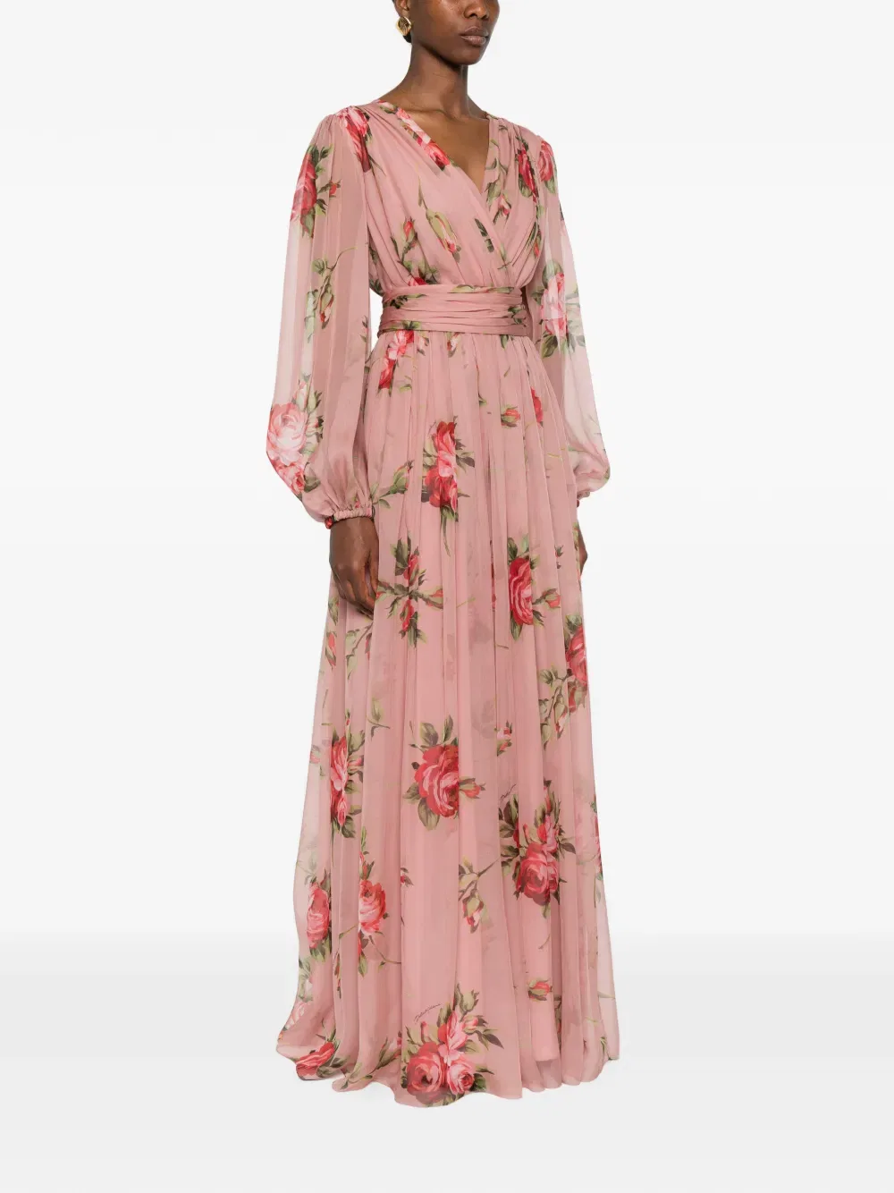 Длинное платье с цветочным принтом и V-образным вырезом Dolce & Gabbana, розовый — фото 3