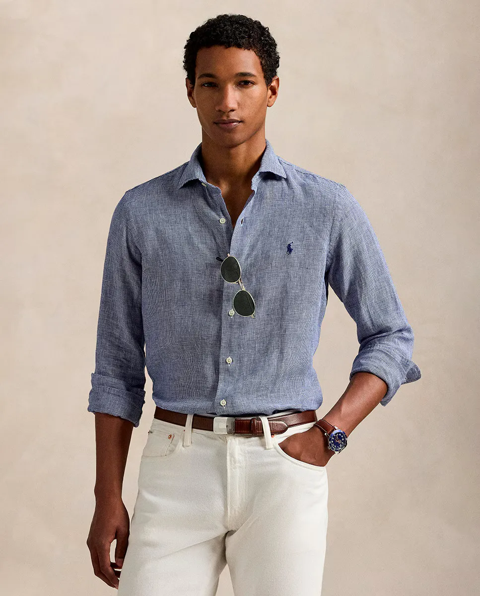 

Льняная мужская рубашка прямого кроя Polo Ralph Lauren, серый