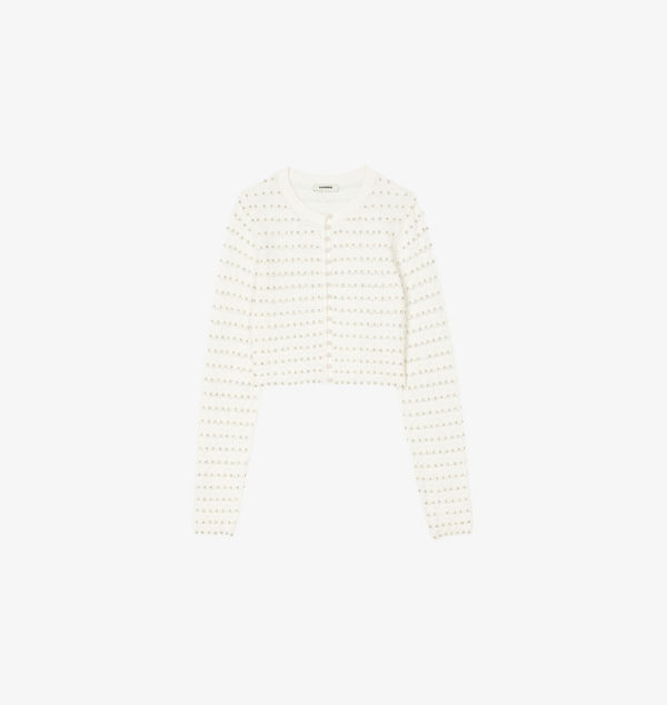 

Кардиган ажурной вязки с перламутровыми пуговицами, украшенный бисером Sandro, цвет naturels