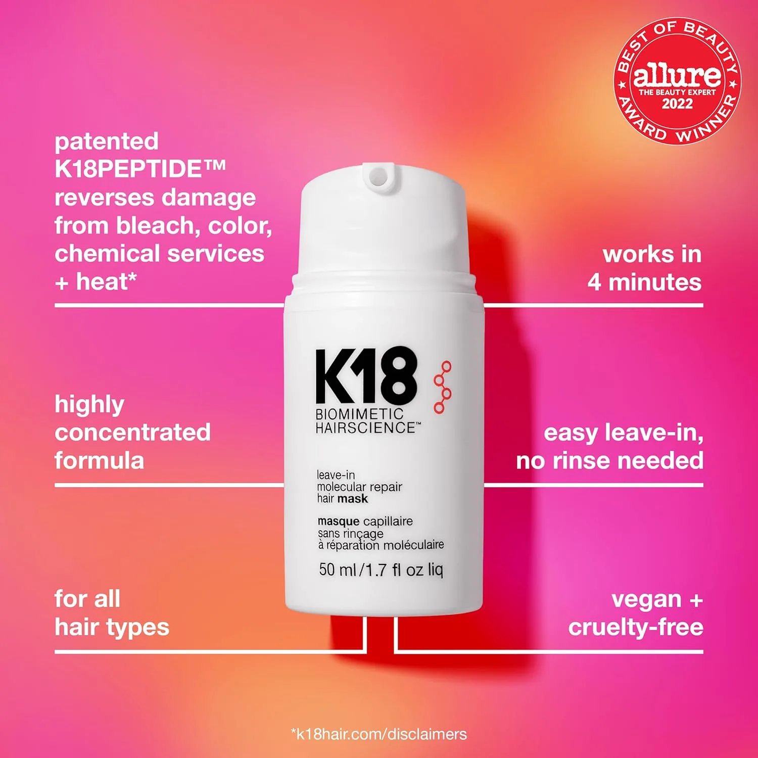 K18 Leave-In Molecular Repair Hair Mask, запатентованная маска для сухих, ломких и поврежденных волос, восстановление за 4 минут после окрашивания, химических процедур и термовоздействия 50 мл — фото 3